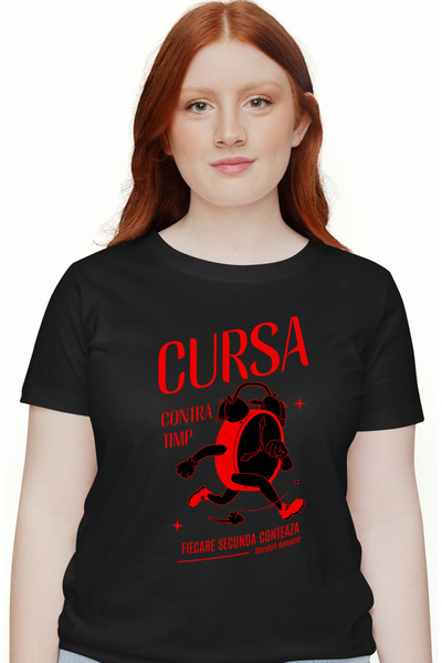 StoryGift Romania Tricou Femei Ceas Ce Alearga, Text Fiecare Secunda Conteaza Cu Imprimeu Pe Fata, Blk_l