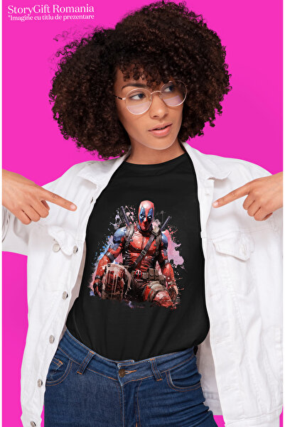StoryGift Romania Tricou Femei Cu Deadpool, Sabii, Marvel, Personaj, Wade Wilson, Stropi De Vopsea Blk_l