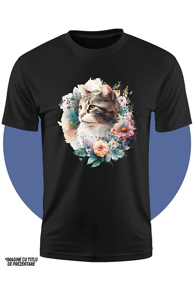 StoryGift Romania Tricou Copii Cu O Pisica Serioasa, Ilustratie, Priveste In Zare, Flori Divers Colorate, Ab
