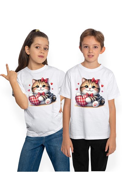 StoryGift Romania Tricou Copii Cu O Pisicuta Plinuta, Ilustratie, Inimioare, Afectiune, Imbujorata, Funda, G
