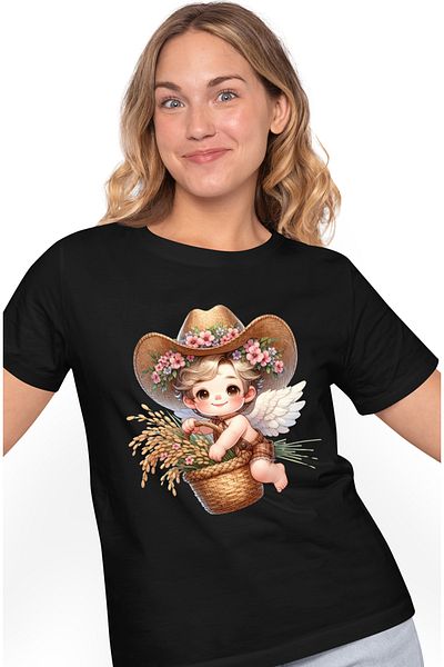 StoryGift Romania Tricou Femei Cu Un Bebelus Care Zboara, Tine Un Cos Cu Ierburi, Ilustratie, Pala Blk_m