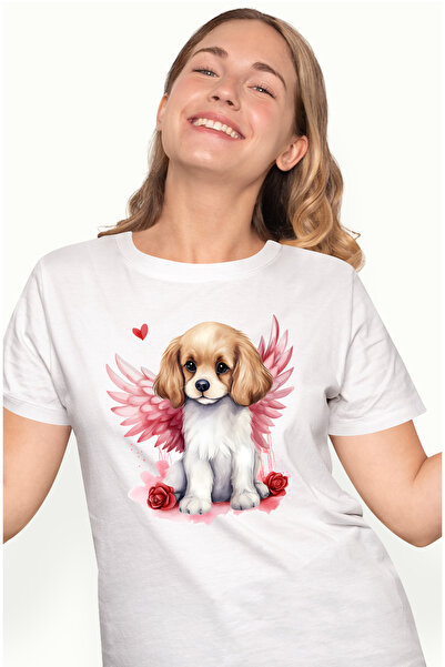 StoryGift Romania Tricou Femei Cu Un Catel Cuminte, Ilustratie, Aripi, Inima,...