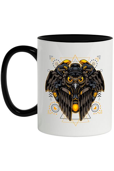 StoryGift Romania Mug With Owl, Wings, Mecha, Cyberpunk, SciFi, Geometric, Multicolor 330 ml, C, With Black Handle