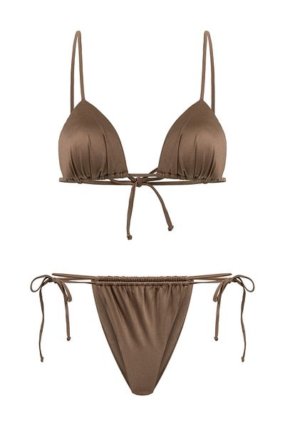 TIME MUSE Coffee Bronze Gathered Marla Triangle Bikini Suit
