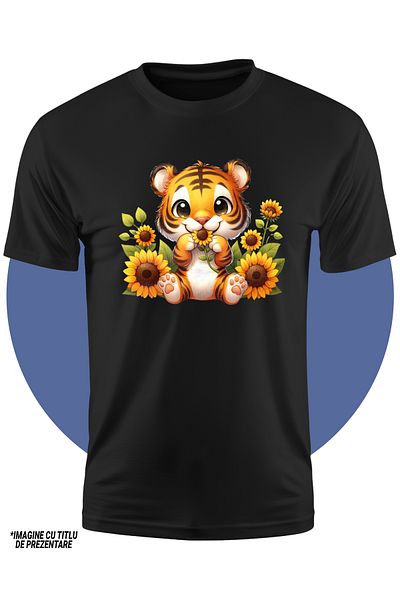 StoryGift Romania Children's T-shirt with a little tiger, illustration, sunflower, curious, playful, plants, happy