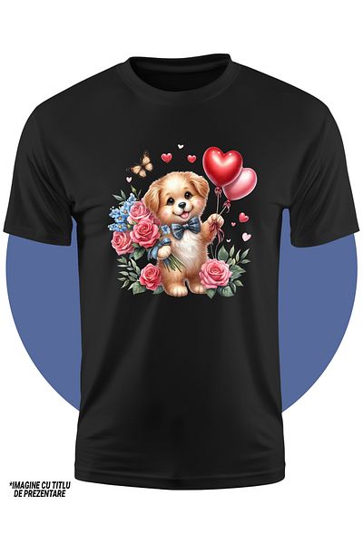 StoryGift Romania Tricou Copii Cu Un Catelus Vesel, Limba Scoasa, Ilustratie, Tine Un Buchet Cu Trandafiri S