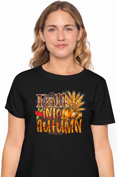 StoryGift Romania Tricou Femei Cu Mesajul "fall Into Autumn", Toamna, Ilustratie, Dovleci, Ghinda, Blk_m