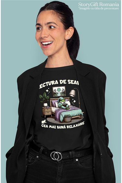 StoryGift Romania Tricou Femei Lectura De Seara – Cea Mai Buna Relaxare Broscuta Cu Imprimeu Pe Fa Blk_l