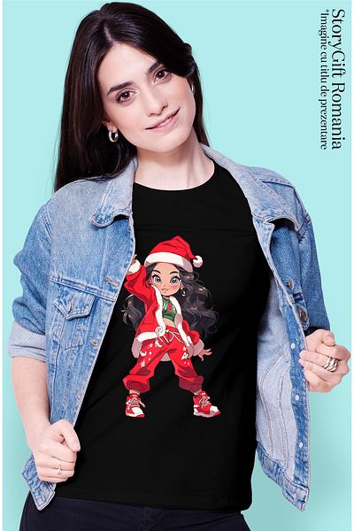 StoryGift Romania Tricou Femei Cu O Fata Craciunita Imbracata Modern, Ilustratie, Par Lung, Zambet Blk_m