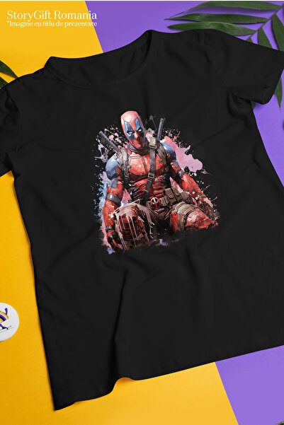 StoryGift Romania Tricou Femei Cu Deadpool, Sabii, Marvel, Personaj, Wade Wilson, Stropi De Vopsea Blk_l