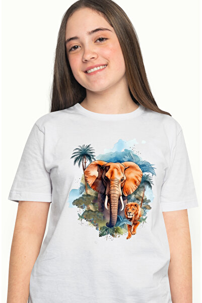 StoryGift Romania Tricou Femei Cu Animale Salbatice, Ilustratie, Jungla, Elefant, Leu, Safari, Nat Wht_l