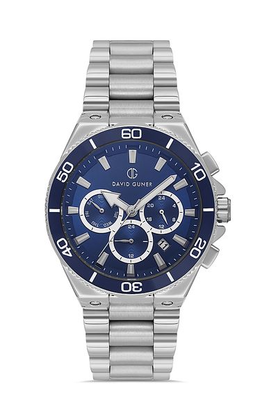 DAVID GUNER Men's Navy Blue Multifunction Silver Coated Wristwatch