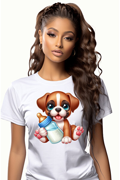 StoryGift Romania Tricou Femei Cu Un Catelus Vesel Si Jucaus Care Tine Un Bib...