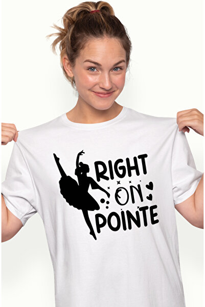 StoryGift Romania Tricou Femei cu o figura de balerina si textul "Right on pointe" - direct pe pun WHT_L