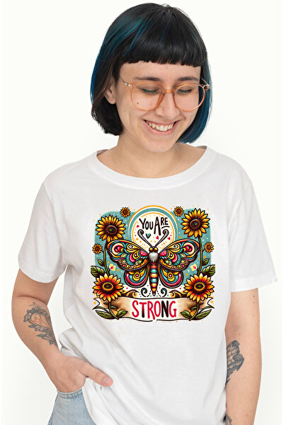 StoryGift Romania Tricou Femei Cu Un Fluture Cu Aripi In Culori Vibrante Cu Mesajul "you Are Stron Wht_l