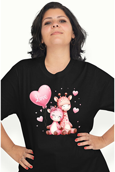 StoryGift Romania Tricou Femei Cu 2 Girafe, Ilustratie, Apropiate, Prietenie, Iubire, Balon, Inimi Blk_l