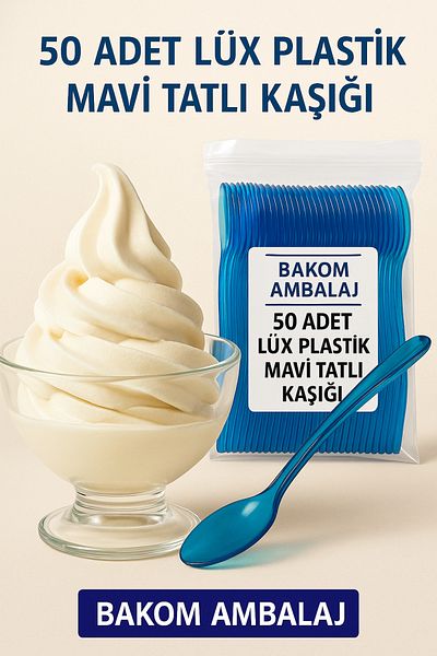 BAKOM AMBALAJ 50 Pieces Luxury Plastic Blue Dessert Spoons |   Ice Cream, Halva, Pudding Presentation Spoon