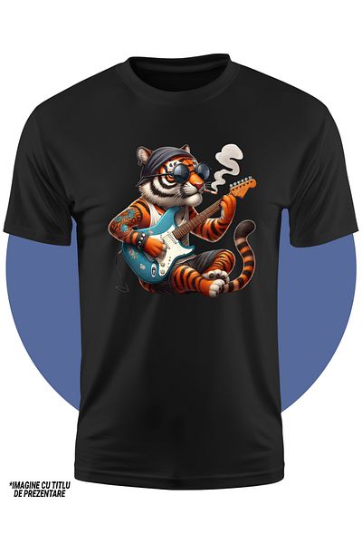 StoryGift Romania Kids T-shirt with a tattooed tiger playing the guitar, illustration, smoking, glasses, rock