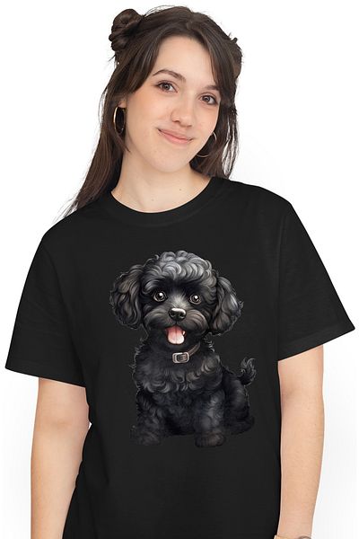 StoryGift Romania Tricou Femei Cu Un Catel Negru, Ilustratie, Vesel, Zgarda, Cuminte, Asteapta Ord Blk_l