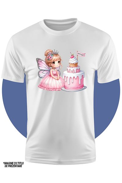StoryGift Romania Tricou Copii Cu O Fetita Cu Aripi De Fluture, Ilustratie, Ca O Zana, Tort, Celebrare, Zi D
