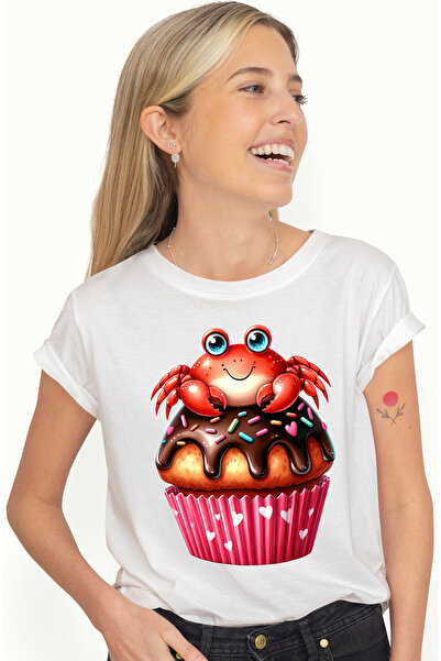 StoryGift Romania Women's T-shirt with a little crab, illustration, sitting on a muffin, sweet, hearts, falling WHT_L