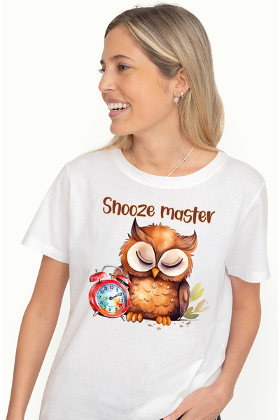 StoryGift Romania Tricou Femei Cu O Bufnita Care Doarme Cu Mesajul "snooze Master", Ilustratie, Am Wht_l