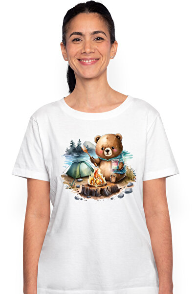 StoryGift Romania Tricou Femei Cu Un Urs Care Gateste, Ilustratie, Cort, Excursie, Padure, In Natu Wht_l