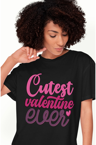 StoryGift Romania Tricou Femei cu mesajul "Cutest Valentine Ever", cea mai draguta, Valentine's Da BLK_L
