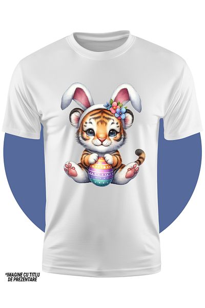StoryGift Romania Children's T-shirt with a tiger cub with bunny ears, illustration, Easter holidays, egg vo