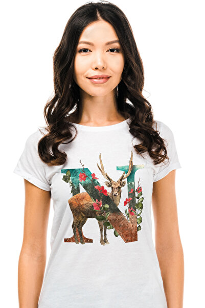 StoryGift Romania Tricou Femei Cu Litera, N, Cerb, Flori, Multicolor Cu Impri...