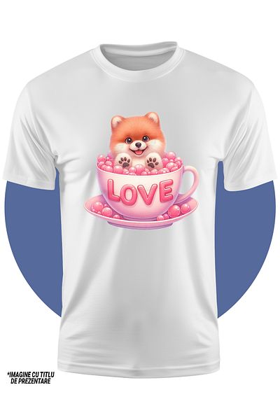 StoryGift Romania Tricou Copii Cu Un Catel Blanos Care Sta Intr-o Ceasca, Ilustratie, Mesajul "love", Apreci