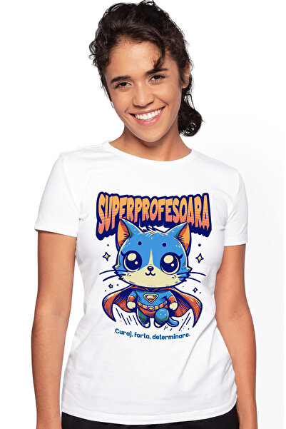 StoryGift Romania Tricou Femei Super Profesoara, Supererou, Pisica Zburand, C...