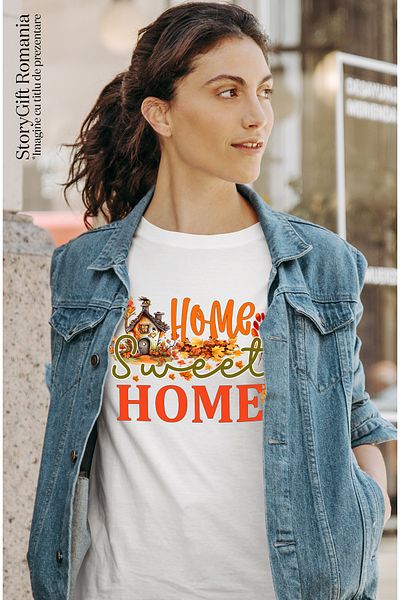 StoryGift Romania Tricou Femei Cu Mesajul "home, Sweet Home", Casa, Dulce Casa, Toamna, Ilustratie Wht_l