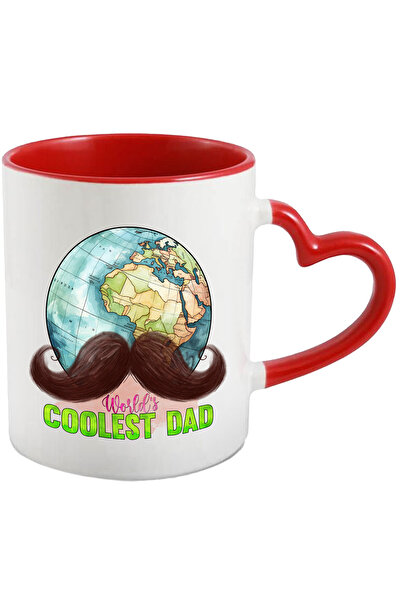 StoryGift Romania Cana Cu Globul Pamantesc Cu Mustata Cu Mesajul "world's Coolest Dad", Tata, Ilus, Cu Maner Inim Stg