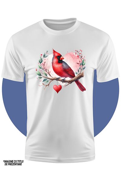 StoryGift Romania Tricou Copii Cu O Pasare Rosie, Sta Pe O Creanga, Ilustratie, Inima, Frunze, Iubire, Aprec