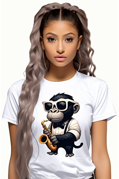 StoryGift Romania Tricou Femei Cu Un Cimpanzeu Care Canta La Saxofon, Ilustra...