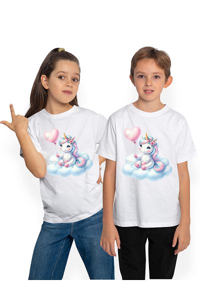 StoryGift Romania Tricou Copii Cu Un Unicorn Care Sta Pe Un Norisor, Ilustratie, Balon In Forma De Inima, Im