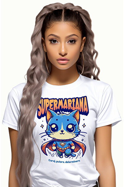 StoryGift Romania Tricou Femei Super Mariana, Supererou, Pisica Zburand, Cu I...