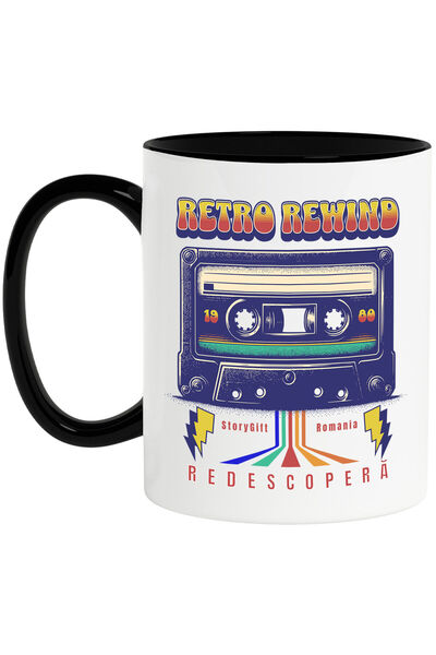 StoryGift Romania Cana Cu Caseta Audio Colorata 1980 Text Retro Rewind Redescopera Disco Vintige ,, Cu Maner Negru Stg