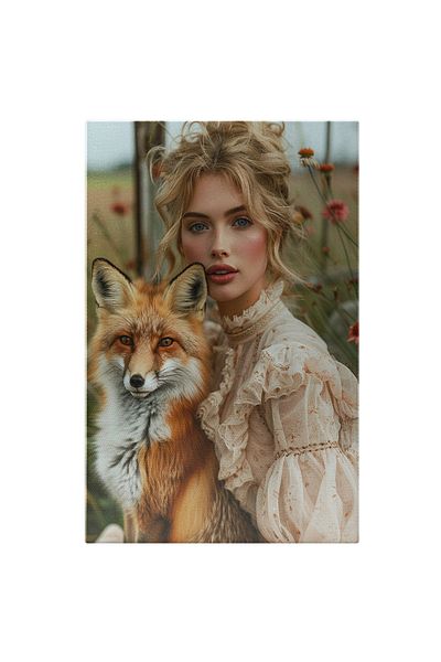 StoryGift Romania Canvas Print Mistress With Blonde Hair In A Bun In A White Dress Standing Next To The Fox With A Chi