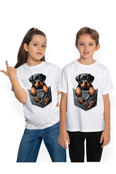 StoryGift Romania Tricou Copii cu un catelus Rottweiler care sta intr-un buzunar, rupt, privire "nevinovata"