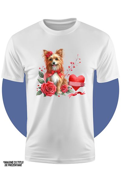 StoryGift Romania Tricou Copii Cu Un Catel Bucuros, Ilustratie, Trandafiri, Inimioare, Iubire, Apreciere, Fu