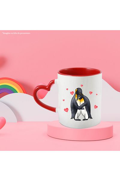 StoryGift Romania Mug with 2 hugging penguins, red hearts, Valentine's Day, illustrated, With,STG
