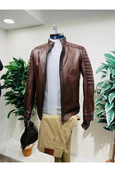 MASERTO Dik Yaka Erkek Deri Ceket Dört Mevsim Kahverengi