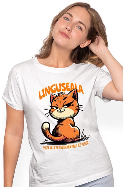 StoryGift Romania Women's T-shirt Orange Cat text LINGUSEALA with print on the Front, 100% Cotton, WHT_L, STG58558