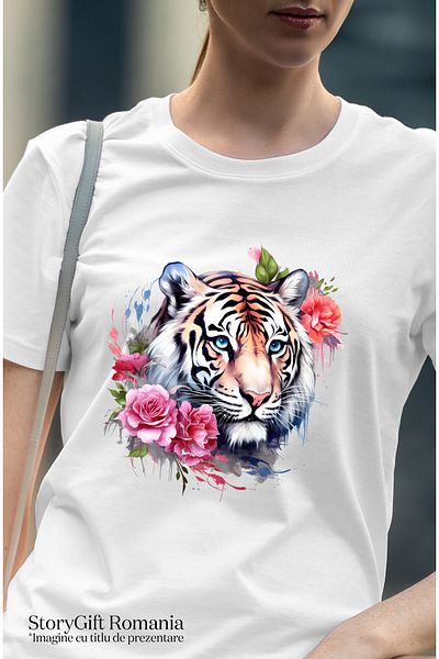 StoryGift Romania Women's T-shirt with a serious tiger, illustration, serene, flowers, nature, plants, jungle WHT_L,STG