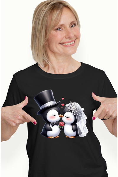 StoryGift Romania Tricou Femei Cu 2 Pinguini La Nunta, Ilustratie, Sarut, Mir...
