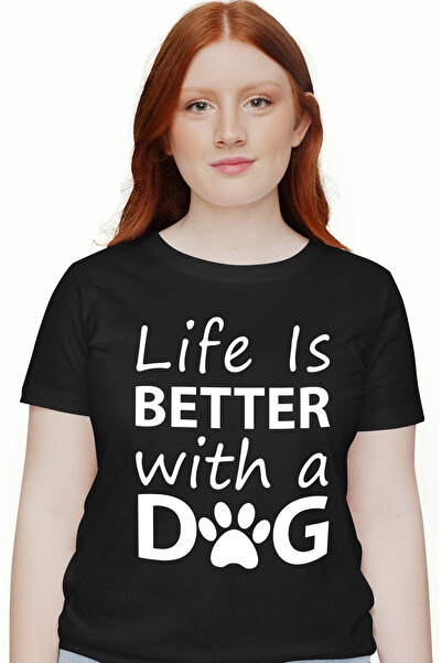 StoryGift Romania Tricou Femei Pentru Iubitorii De Caini Cu Mesajul "life Is Better With A Dog" - Blk_l