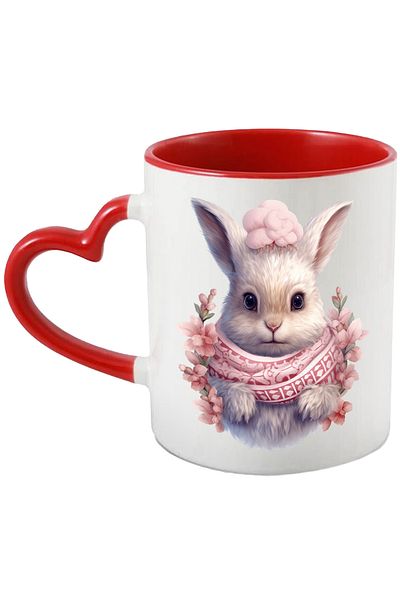 StoryGift Romania Cana Cu Un Iepuras Alb Cu Fular | Ilustratie | Frig | Floricele | Roz | Iarna | , Cu Maner Inim Stg