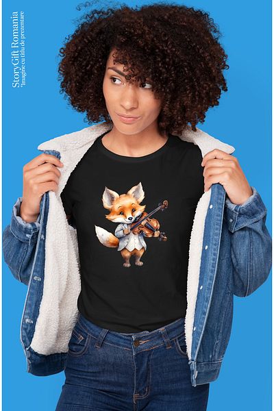 StoryGift Romania Tricou Femei Cu Un Vulpoi Care Canta La Vioara, Ilustratie, Animal Salbatic, Mel Blk_m